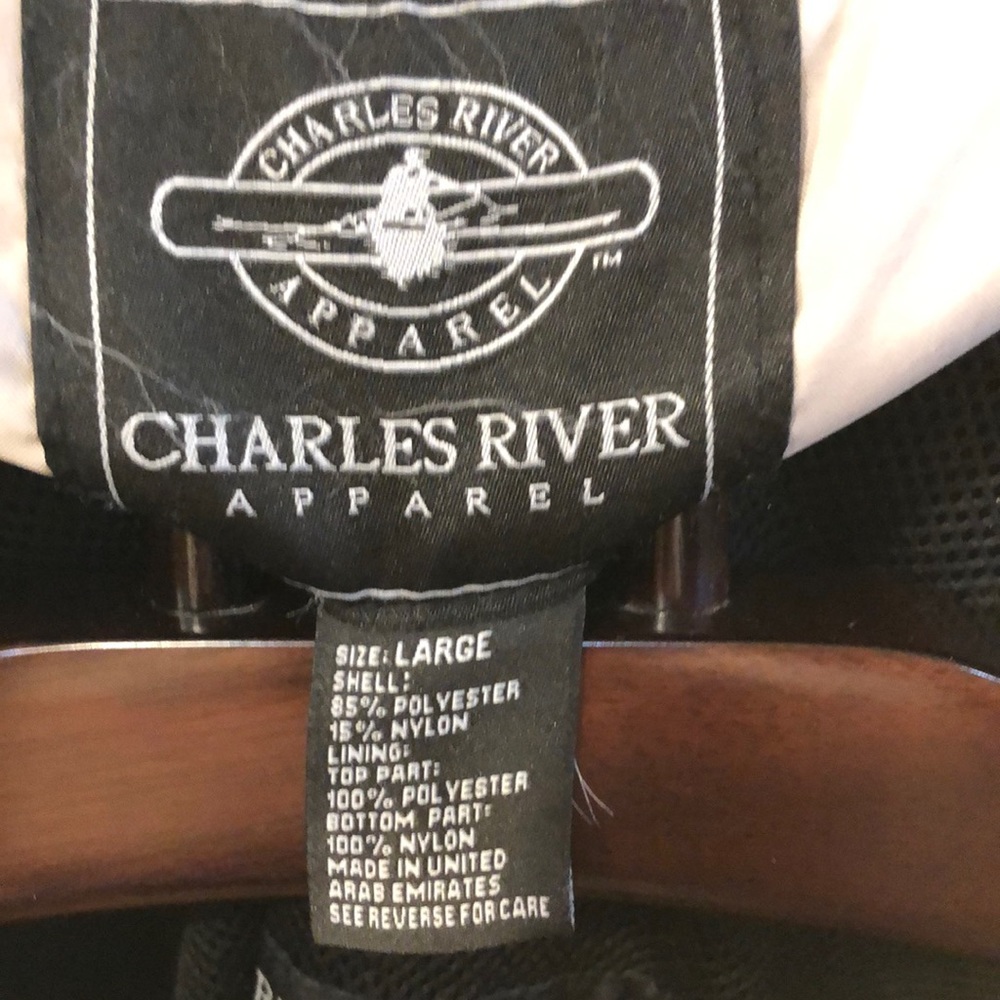 Charles River Apparel Black with light Tan collar.  Slightly used.  Large
